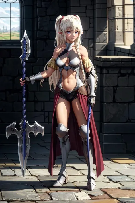 <lora:HNTSADL_Edelgard_by_minion-24:0.62> edelgard, fallengear, armor boots, bare shoulders, midriff, no glasses, solo, 1girl, perfect face, perfect eyes, looking at viewer, by artgerm, cinematic 4k wallpaper,ultra detailed, high resolution, artstation, award winning , castle, fantasy, medieval, heroic pose, holding polearm