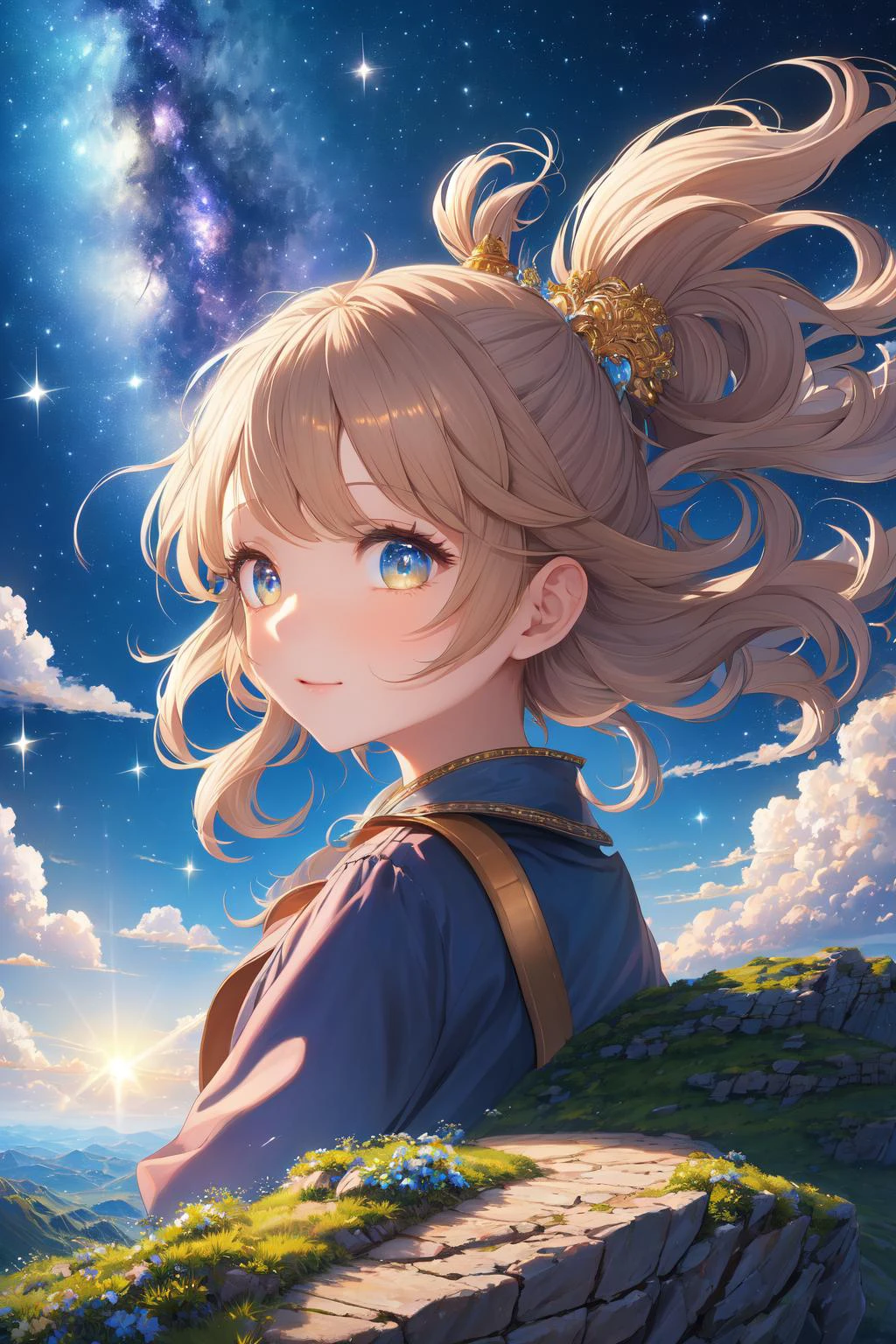 (masterpiece, best quality), absurdres, (close view:1.4),
1girl, shining sky, vast world, gazing, awe-inspiring expression, distant horizon, clouds, high hill, natural beauty, inspiration, night sky, Shining Stars,
