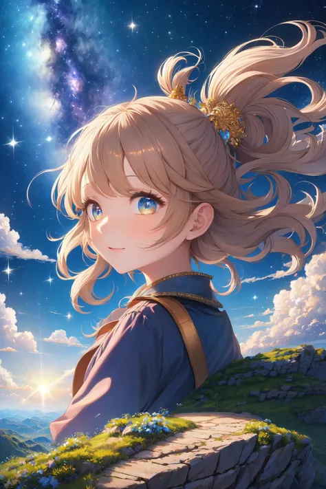 (masterpiece, best quality), absurdres, (close view:1.4),
1girl, shining sky, vast world, gazing, awe-inspiring expression, distant horizon, clouds, high hill, natural beauty, inspiration, night sky, Shining Stars,