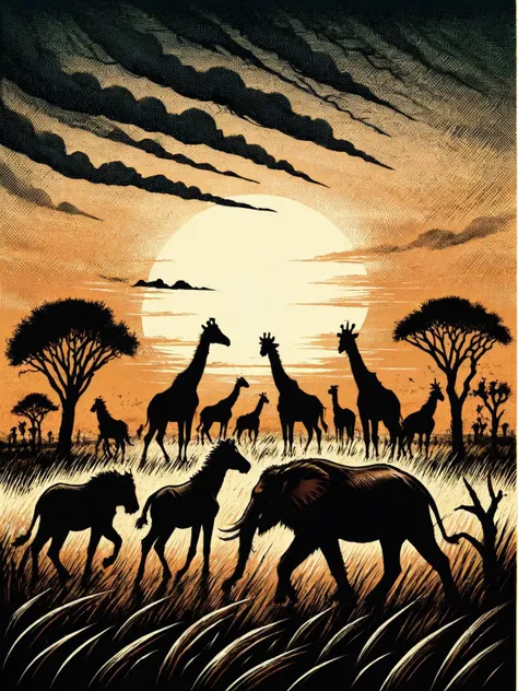 A group of animals in the savannah at sunset full of motion and life <lora:Western_Comic_Style:0.8>, <lora:EnvyBetterHiresFixXL01:0:hr=1>