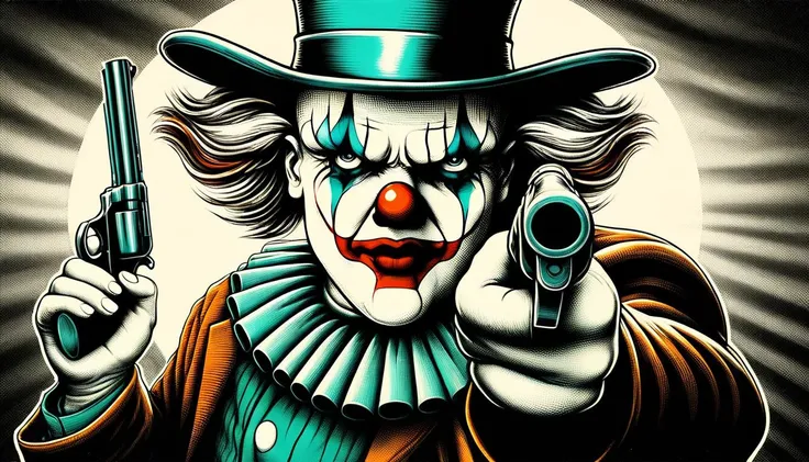 impactful color paint of a clown pointing a gun to the viewer <lora:Western_Comic_Style:0.8> , highly detailed, 8k, sharp, professional, clear, high contrast, crystal clear