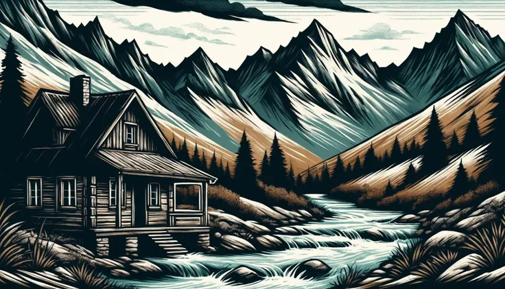 impactful color paint of a cottage in a mountain landscape with a river  <lora:Western_Comic_Style:0.8>,    highly detailed,  8k,   sharp,  professional, clear,   high contrast, crystal clear