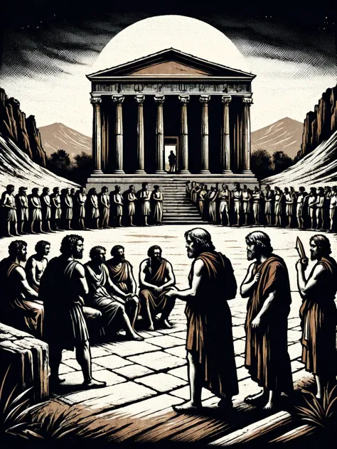 An ancient Greek forum with philosophers debating <lora:Western_Comic_Style:0.8>, <lora:EnvyBetterHiresFixXL01:0:hr=1>