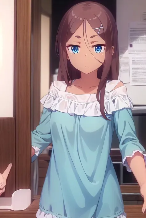 umikoahagon, <lora:umiko ahagon s2-lora-nochekaiser:1>, 
umiko ahagon, long hair, blue eyes, brown hair, hair ornament, hair between eyes, hairclip, dark skin, dark-skinned female, x hair ornament,
BREAK dress, collarbone, green dress, long sleeves, frills,
BREAK indoors, office,
BREAK looking at viewer, (cowboy shot:1.5),
BREAK <lyco:GoodHands-beta2:1>, (masterpiece:1.2), best quality, high resolution, unity 8k wallpaper, (illustration:0.8), (beautiful detailed eyes:1.6), extremely detailed face, perfect lighting, extremely detailed CG, (perfect hands, perfect anatomy),