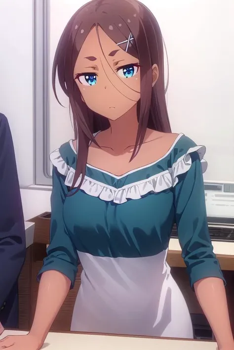 umikoahagon, <lora:umiko ahagon s2-lora-nochekaiser:1>,
umiko ahagon, long hair, blue eyes, brown hair, hair ornament, hair between eyes, hairclip, dark skin, dark-skinned female, x hair ornament,
BREAK dress, collarbone, green dress, long sleeves, frills,
BREAK indoors, office,
BREAK looking at viewer, (cowboy shot:1.5),
BREAK <lyco:GoodHands-beta2:1>, (masterpiece:1.2), best quality, high resolution, unity 8k wallpaper, (illustration:0.8), (beautiful detailed eyes:1.6), extremely detailed face, perfect lighting, extremely detailed CG, (perfect hands, perfect anatomy),
