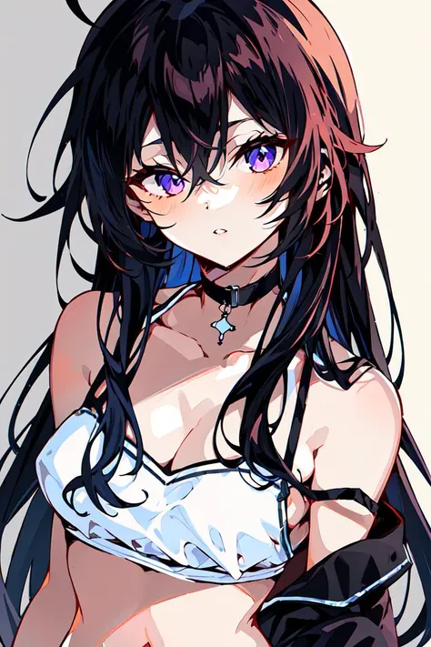 masterpiece, best quality, ultra-detailed <lora:TeraAru6262:1>1girl, solo, long hair, black hair, looking at viewer, bandaid, parted lips, choker, navel, strap slip, breasts, bare shoulders, black choker, bangs, upper body, hair between eyes, very long hair, collarbone, ahoge