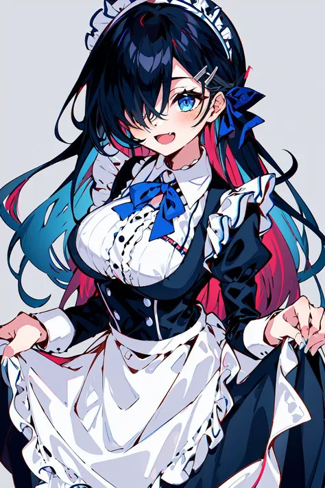 masterpiece, best quality, ultra-detailed <lora:TeraAru6262:1>1girl, solo, apron, black hair, ribbon, long hair, breasts, hair over one eye, smile, hair ornament, blue eyes, maid, looking at viewer, maid headdress, open mouth, bow, large breasts, white apron, long sleeves, neck ribbon, blush, dress, frills, bangs, blue ribbon, fang, bowtie, :d, hairclip, frilled apron, multicolored hair, skirt hold, black bow