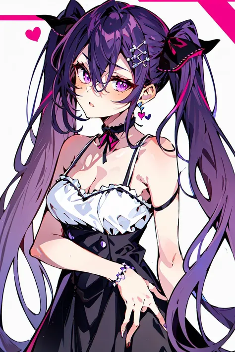 masterpiece, best quality, ultra-detailed <lora:TeraAru6262:1>1girl, solo, dress, black dress, long hair, twintails, heart, looking at viewer, ribbon, bow, earrings, jewelry, hair ornament, hair between eyes, bangs, cowboy shot, choker, very long hair, bare shoulders, pink eyes, purple hair, hair ribbon, purple eyes