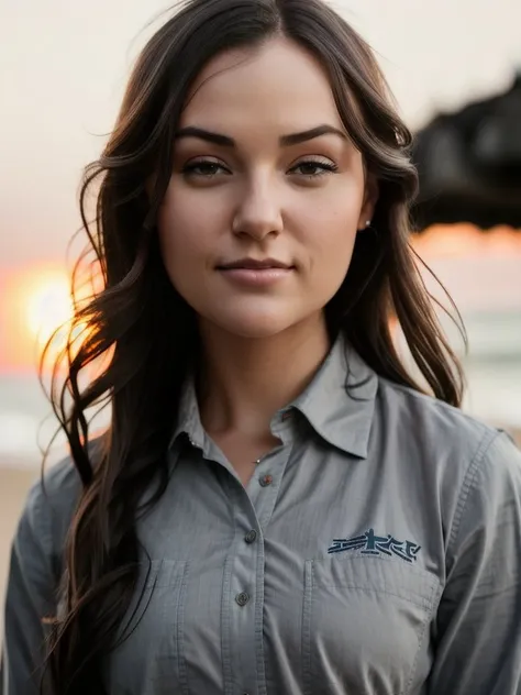 Grey768  ,  a woman,close up face portrait, smile, button down shirt, beach, sunset, detailed eyes, photography, trending on artstation, sharp focus, studio photo, intricate details, highly detailed, by greg rutkowski <lora:Grey768:0.7>