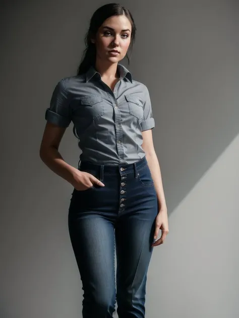 Grey768 , a woman, full body, tight jeans, button down shirt, boots, detailed eyes, photography, trending on artstation, sharp focus, studio photo, intricate details, highly detailed, by greg rutkowski <lora:Grey768:0.8>