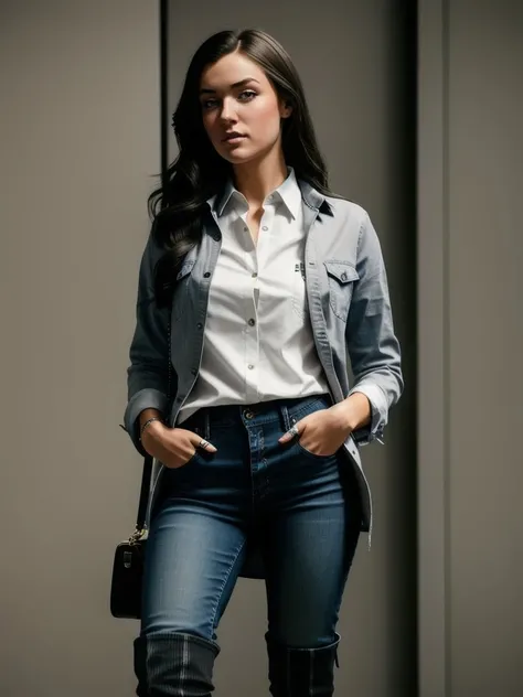 Grey768 , a woman, full body, skinny jeans, button down shirt, ((hight heel boots)), street, detailed eyes, photography, trending on artstation, sharp focus, studio photo, intricate details, highly detailed, by greg rutkowski <lora:Grey768:0.7>