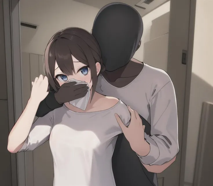 volumetric lighting, best quality, masterpiece, intricate details, tonemapping, sharp focus, hyper detailed, absurdres, highres, 1girl, scared, 1boy, <lora:Chloroformed:1>, chloroform, cloroformed, hand over another's mouth, grabbing from behind, cloth, covering another's mouth, covering mouth, drugged, hands up, holding cloth, faceless male, holding handkerchief,