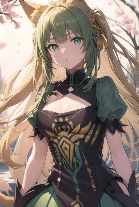 atalanta, <lora:atalanta-lora-nochekaiser:1>,
atalanta, animal ears, blonde hair, cat ears, cat girl, cat tail, (green eyes:1.5), green hair, hair between eyes, long hair, multicolored hair, tail, (small breast:1.2),
BREAK black gloves, gloves, skirt, dress, green dress, short sleeves, puffy sleeves, juliet sleeves, short skirt, green skirt,
BREAK looking at viewer,
BREAK outdoors,
BREAK <lyco:GoodHands-beta2:1>, (masterpiece:1.2), best quality, high resolution, unity 8k wallpaper, (illustration:0.8), (beautiful detailed eyes:1.6), extremely detailed face, perfect lighting, extremely detailed CG, (perfect hands, perfect anatomy),