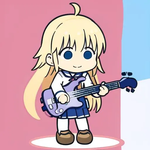 1girl, sekine shiori, <lora:sekine shiori:0.9>, shinda sekai sensen uniform, white stockings, <lora:chibocchi:0.8>, chibi, (ahoge:1.1), instrument, bass, smile