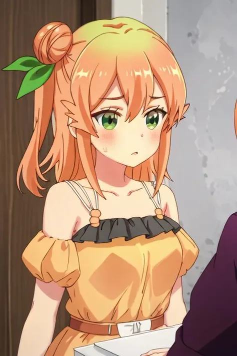 best quality, masterpiece, highres, solo, {hinatsuki_mikan_thedemongirlnextdoor:1.15}, orange_hair, hair_bun, single_hair_bun, ribbon, hair_ribbon, green_eyes, hair_ornament, blush, single_side_bun, long_hair, green_ribbon, hair_between_eyes, collarbone, shiny_hair, 1girl, closed_mouth