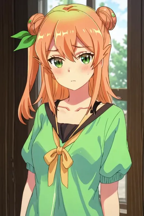 best quality, masterpiece, highres, solo, {hinatsuki_mikan_thedemongirlnextdoor:1.15}, orange_hair, hair_bun, single_hair_bun, ribbon, hair_ribbon, green_eyes, hair_ornament, blush, single_side_bun, long_hair, green_ribbon, hair_between_eyes, collarbone, shiny_hair, 2girls, brown_hair, demon_girl, demon_horns, horns, multiple_girls, shiny, shirt, curled_horns, solo_focus, sweatdrop