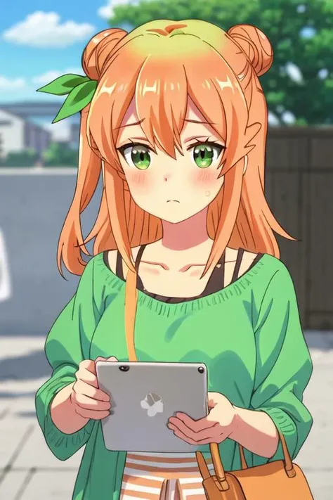 best quality, masterpiece, highres, solo, {hinatsuki_mikan_thedemongirlnextdoor:1.15}, orange_hair, hair_bun, single_hair_bun, ribbon, hair_ribbon, green_eyes, hair_ornament, blush, single_side_bun, long_hair, green_ribbon, hair_between_eyes, collarbone, shiny_hair, 1girl, blurry, day, outdoors, portrait, bangs, blurry_background, sky, closed_mouth, looking_at_viewer, shiny