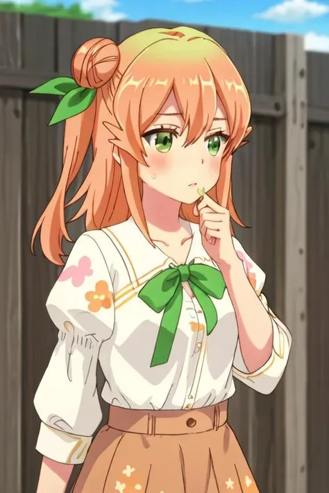 best quality, masterpiece, highres, solo, {hinatsuki_mikan_thedemongirlnextdoor:1.15}, orange_hair, hair_bun, single_hair_bun, ribbon, hair_ribbon, green_eyes, hair_ornament, blush, single_side_bun, long_hair, green_ribbon, hair_between_eyes, collarbone, shiny_hair, bangs, breasts, day, floral_print, outdoors, puffy_short_sleeves, puffy_sleeves, shirt, short_sleeves, skirt, white_shirt, 1girl, brown_skirt, one_side_up, sky, fence, small_breasts, blurry, blurry_background, closed_mouth, cloud, depth_of_field, hand_up, parted_lips
