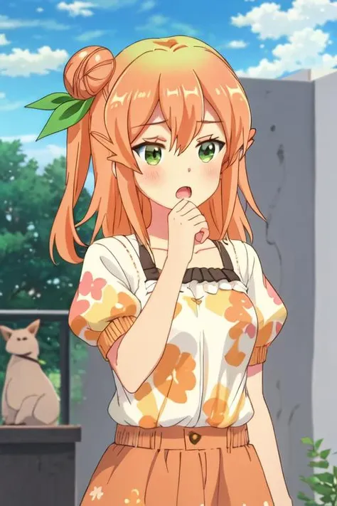 best quality, masterpiece, highres, solo, {hinatsuki_mikan_thedemongirlnextdoor:1.15}, orange_hair, hair_bun, single_hair_bun, ribbon, hair_ribbon, green_eyes, hair_ornament, blush, single_side_bun, long_hair, green_ribbon, hair_between_eyes, collarbone, shiny_hair, 1girl, bangs, cloud, day, floral_print, open_mouth, outdoors, shirt, sky, upper_body, hand_up, white_shirt, blue_sky, puffy_sleeves, short_sleeves