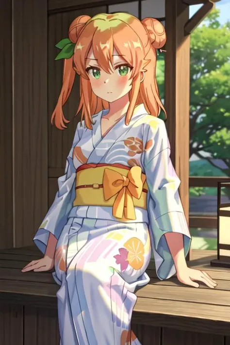 best quality, masterpiece, highres, solo, {yukata:1.40}, {kimono:1.20}, {hinatsuki_mikan_thedemongirlnextdoor:1.15}, orange_hair, hair_bun, single_hair_bun, ribbon, hair_ribbon, green_eyes, hair_ornament, blush, single_side_bun, long_hair, green_ribbon, hair_between_eyes, collarbone, shiny_hair