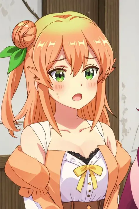 best quality, masterpiece, highres, solo, {hinatsuki_mikan_thedemongirlnextdoor:1.15}, orange_hair, hair_bun, single_hair_bun, ribbon, hair_ribbon, green_eyes, hair_ornament, blush, single_side_bun, long_hair, green_ribbon, hair_between_eyes, collarbone, shiny_hair, 1girl, open_mouth, bangs, portrait, shiny, indoors