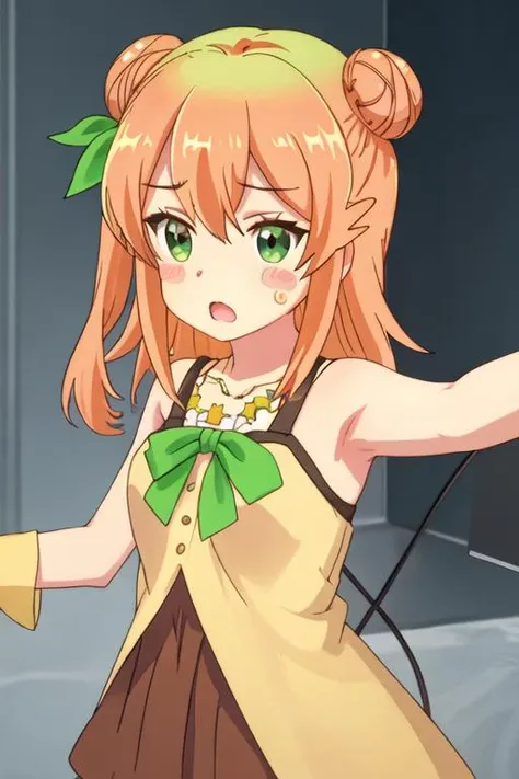 best quality, masterpiece, highres, solo, {hinatsuki_mikan_thedemongirlnextdoor:1.15}, orange_hair, hair_bun, single_hair_bun, ribbon, hair_ribbon, green_eyes, hair_ornament, blush, single_side_bun, long_hair, green_ribbon, hair_between_eyes, collarbone, shiny_hair, 1girl, blush_stickers, chibi, jewelry, necklace, open_mouth, dress, one_side_up, outstretched_arms, spread_arms