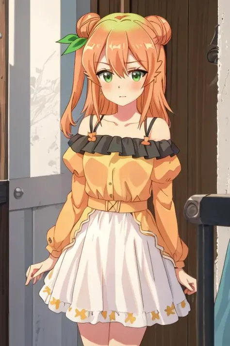 best quality, masterpiece, highres, solo, {hinatsuki_mikan_thedemongirlnextdoor:1.15}, orange_hair, hair_bun, single_hair_bun, ribbon, hair_ribbon, green_eyes, hair_ornament, blush, single_side_bun, long_hair, green_ribbon, hair_between_eyes, collarbone, shiny_hair, 1girl, shiny, bare_shoulders, closed_mouth