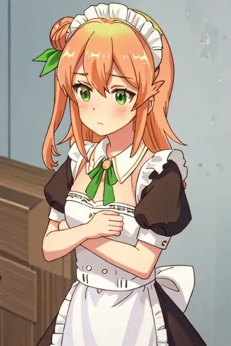 best quality, masterpiece, highres, solo, {maid:1.40}, {long maid dress:1.15}, {hinatsuki_mikan_thedemongirlnextdoor:1.15}, orange_hair, hair_bun, single_hair_bun, ribbon, hair_ribbon, green_eyes, hair_ornament, blush, single_side_bun, long_hair, green_ribbon, hair_between_eyes, collarbone, shiny_hair