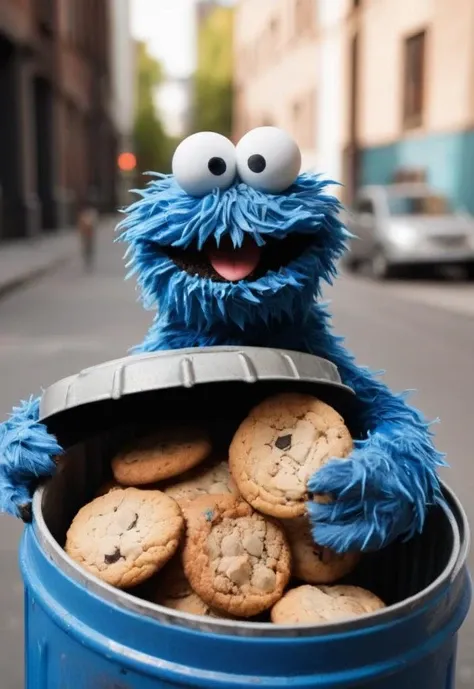 close up photo of blue fluffy fur Cookie monster holding a bitten off cookie,, looks with a grin at viewer, (lot of cookie crumbled ), detailed photograph shot on kodak, high depth of field, background of a street (metallic rubbish bin)