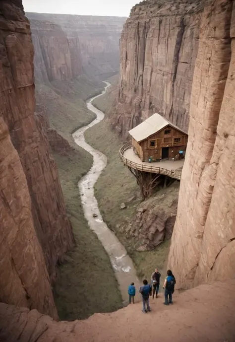 a photo of a gigantic Canyon with a Living (small Tree houses and people and objects) in center, (detailed shot with kodak dslr)