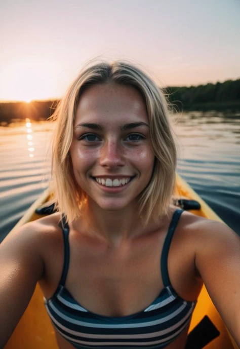 blonde girl in a small Canoe on a see, selfie, dressed for swimming, summer, smile, sunset, grainy, intimate moody, (detailed face),