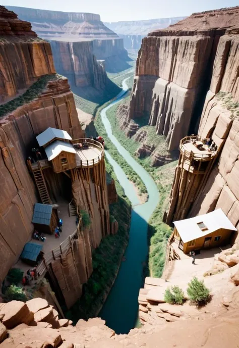 a photo of a gigantic Canyon with a Living (small Tree houses and people and objects) in center, (detailed shot with kodak dslr)