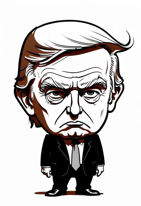 simple monochrome pencle outline sketch, caricature of stupid donald trump, big head small body