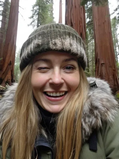 photograph of a woman, (sympathetic facial expression), goosebumps, jet blond half-up half-down hair, faux fur-lined parka with beanie, towering ancient redwood trees creating a sense of tease each other, perfect eyes, (natural lighting), looking intense at viewer, (winks with one eye at viewer:1.2),
 <lora:artmakeup_bit_winks_v52:0.9>