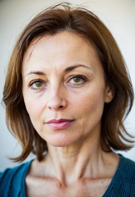 close up portrait of a 50yo european woman, natural light, Satisfied mood, (looking curious)