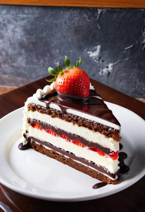 photo of a white piece of cake, red strawberry, chocolate, (Background of a cafe bar)