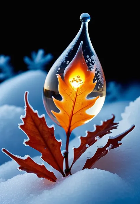 photo of frozen flame, leaf insdide liquide drop, snow crystals, surrounded by a magic glow