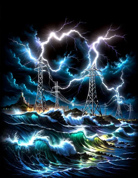 chrome towers, night lightning bolt tidal wave electric power lines, solid black background,