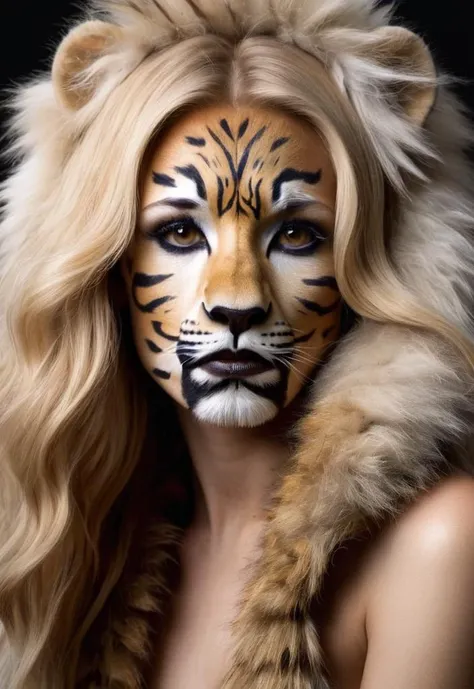 photo of a 20yo woman with blond hair style \(artistic makeup with animal lion fur on face\)