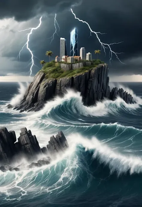 a lonly high rugged rock an island with a modern mini city on it, the ocean rages stormily and waves lash against the rock, Thunder and lightning