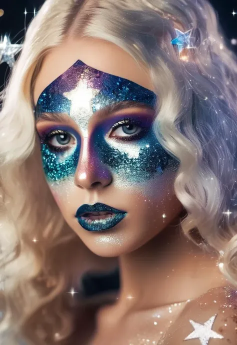 photo of a 20yo woman with blond hair style \(artistic makeup with stars and glitter\)
 <lora:makeup_v53_020_5epoches_00006:0.9>