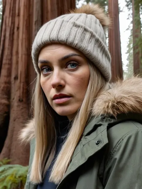 photograph of a woman, (sympathetic facial expression), goosebumps, jet blond half-up half-down hair, faux fur-lined parka with beanie, towering ancient redwood trees creating a sense of wonder and awe, perfect eyes, (natural lighting), looking intense at viewer