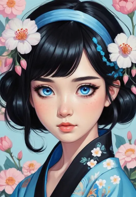 anime style, cute asain woman with black hair, flowers in hair, big blue eyes, (detailed face)