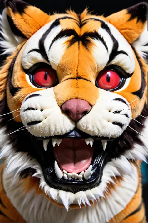 a close up of a stuffed animal with red eyes and teeth, furry mawshot art, furry mawshot, sabertooth cat, the mysterious, striped, wide grin, glowing eyes, whimsical appearance, tiger head, tigerman, mysterious, striped, wide grin, glowing eyes, whimsical appearance, hyper realistic fur, discord profile picture, tiger face, 4 k hd fur face!!!, new cats , realistic. detailed fur, anthropomorphic tiger, roaring