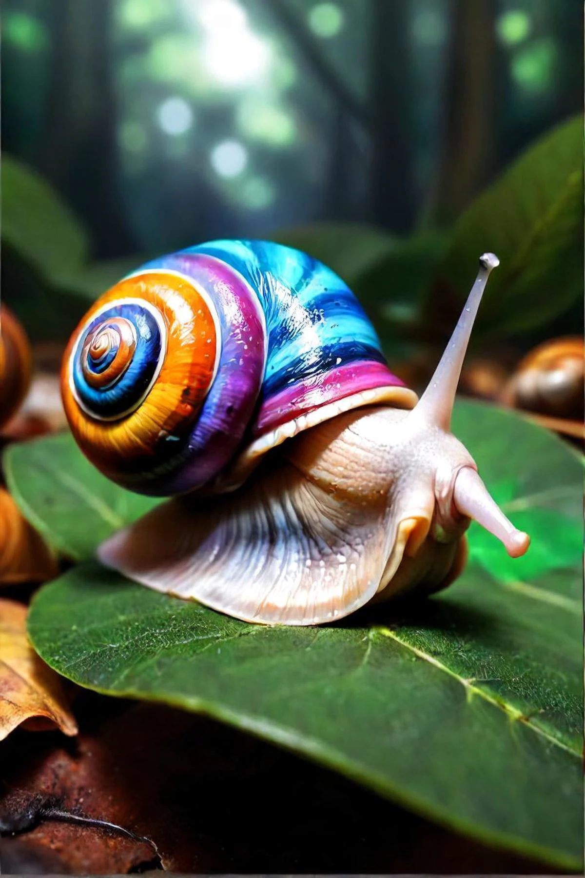 snail with multicolored shell and spiral shell on top of leaves, a macro photograph inspired by alex horley orlandelli, featured on zbrush central, digital art, snail, snail shell, snails