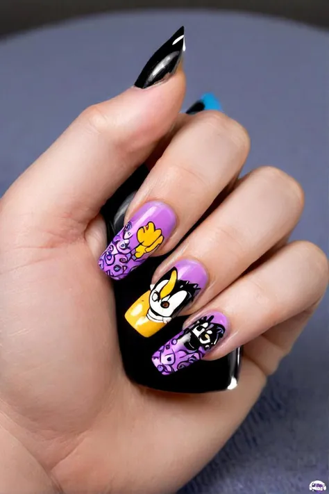 someone has a hand with a purple and black nail with a cartoon design