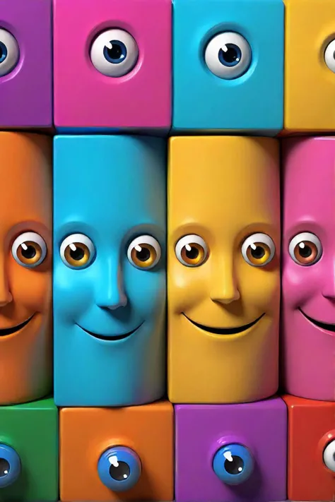 brightly colored blocks with faces and eyes are arranged in a row, digital art by ern  rubik, cgsociety contest winner, colorful character faces, cute! c4d, cute happy face