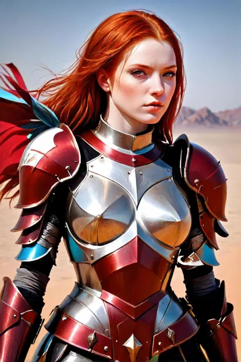 a woman in armor poses in a desert area, redhead queen in heavy red armor, fantasy paladin woman, female redhead templar, beautiful female knight, lady in red armor, alexandra fomina artstation, epic fantasy character art, concept art | artgerm, craig mullins and artgerm, artgerm craig mullins, portrait knight female