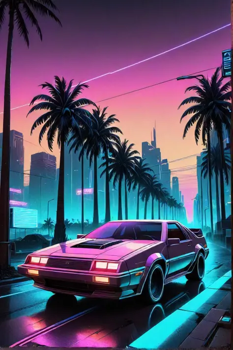 cars driving on a city street with neon lights and palm trees, cyberpunk art inspired by dan mumford, trending on behance, retrofuturism, retrowave epic art, retrowave art, epic retrowave art