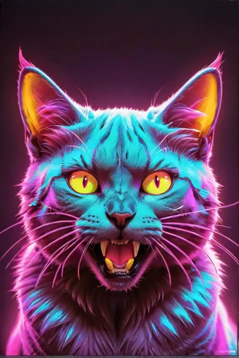 two different colored cats with glowing eyes and fangs on their faces, beautiful neon cats, synthwave art style ]!!, cyberpunk cat, synthwave art style, synthwave color scheme, in a lisa frank art style, synthwave colors!!, flat synthwave art style, synthwave art, neon glow concept art, [ synthwave art style ]!! ]!!